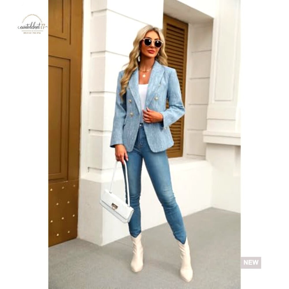 Women's Tweed Blazer Double Breasted Business Casual Jacket Long Sleeve - Picture 4 of 7